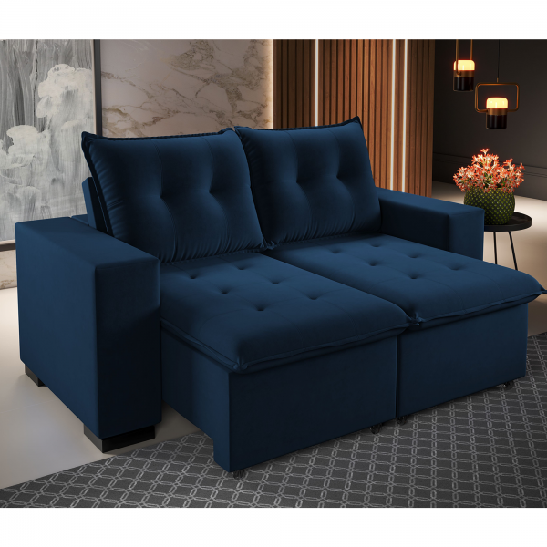 Estofado 3 Lugares Porsche Retrátil e Reclinável Azul - Casa Giulia