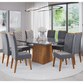 Mesa de Jantar  Carmel com 8 Cadeiras Flora em Madeira Maciça Mel Grafite V.grafite Casa Giulia