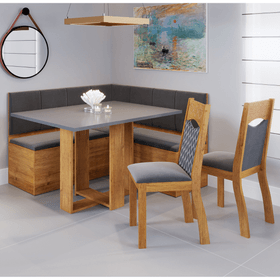 Canto  Alemao com Bau  e Mesa Retangular Rosie com 2 Cadeiras Pietra Mel/Cinza Brilho/Grafite - Casa Giulia