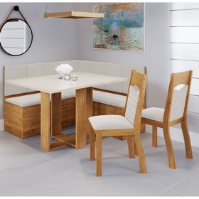 Canto  Alemao com Bau  e Mesa Retangular Rosie com 2 Cadeiras Pietra Mel/Blonde/V.marfim - Casa Giulia