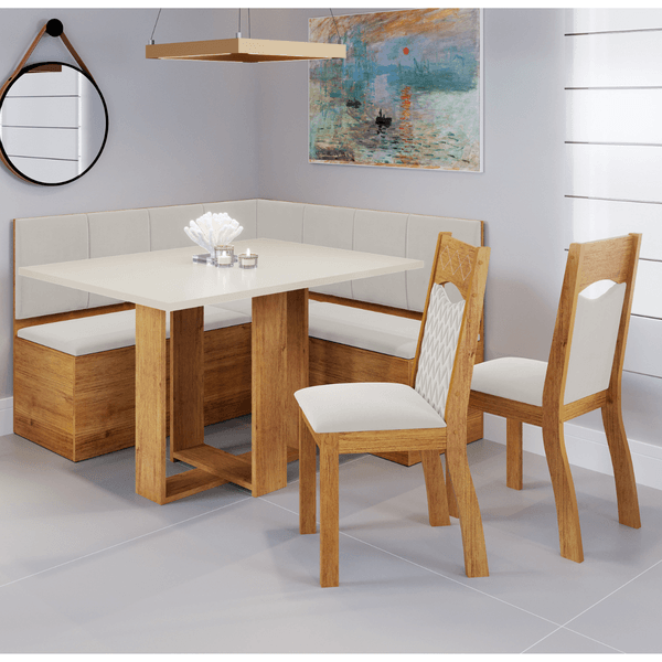 Canto  Alemao com Bau  e Mesa Retangular Rosie com 2 Cadeiras Pietra Mel/Blonde/V.marfim - Casa Giulia