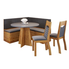 Canto Bau com Mesa Redonda Uriah com 2 Cadeiras Pietra Mel/Cinza Brilho/Grafite - Casa Giulia