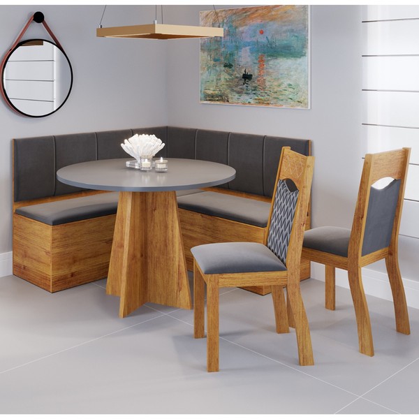 Canto Bau com Mesa Redonda Uriah com 2 Cadeiras Pietra Mel/Cinza Brilho/Grafite - Casa Giulia