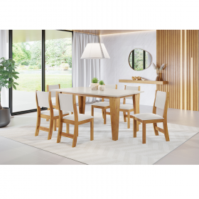 Mesa de Jantar Retangular Valduga com 6 Cadeiras Sol Mel/Blonde/Marfim - Casa Giulia