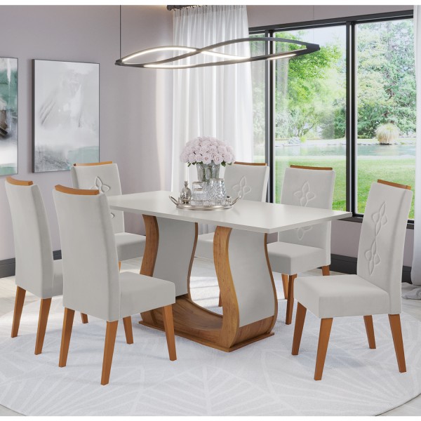 Mesa de Jantar Retangular Harley com 6 Cadeiras Flora em Madeira Maciça Mel/Blonde/Marfim - Casa Giulia