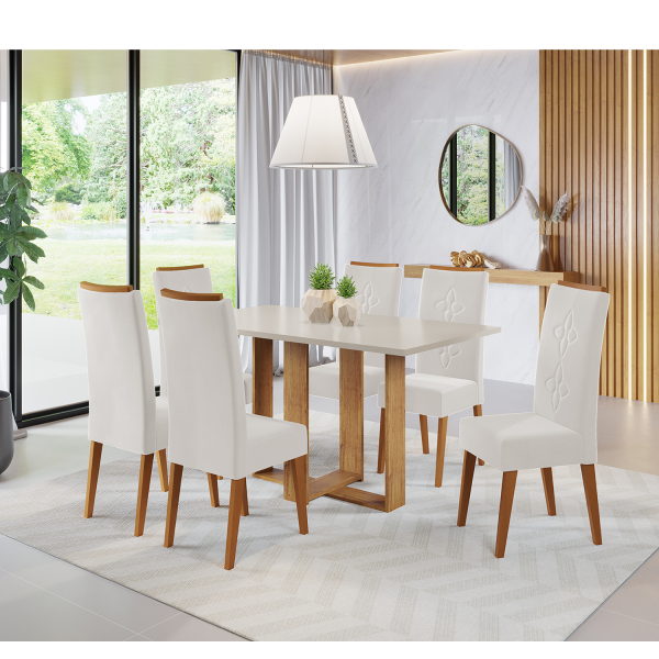 Mesa de Jantar Retangular Nevoa com 6 Cadeiras Flora em Madeira Maciça Mel/Blonde/Marfim - Casa Giulia