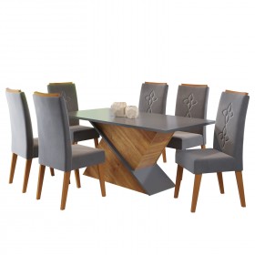 Mesa de Jantar Retangular Patagonia com 6 Cadeiras Flora em Madeira Maciça Mel/Cinza Brilho/Grafite - Casa Giulia