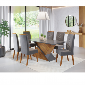 Mesa de Jantar Retangular Patagonia com 6 Cadeiras Flora em Madeira Maciça Mel/Cinza Brilho/Grafite - Casa Giulia