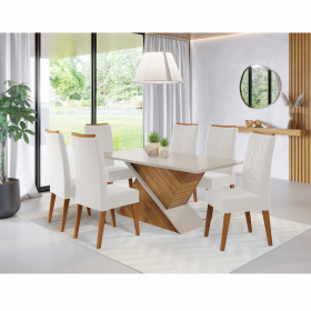 Mesa de Jantar Retangular Patagonia com 6 Cadeiras Flora em Madeira Maciça Mel/Blonde/Marfim - Casa Giulia