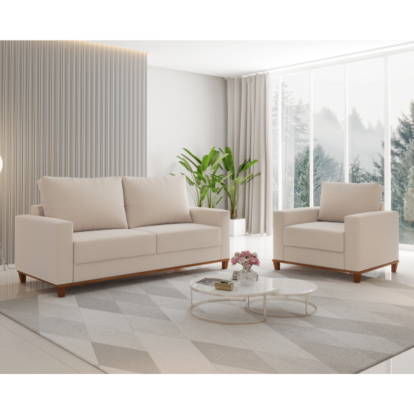 Conjunto Estofado Living 3 Lugares e 1 Poltrona Napoles Linho Bronze - Casa Giulia