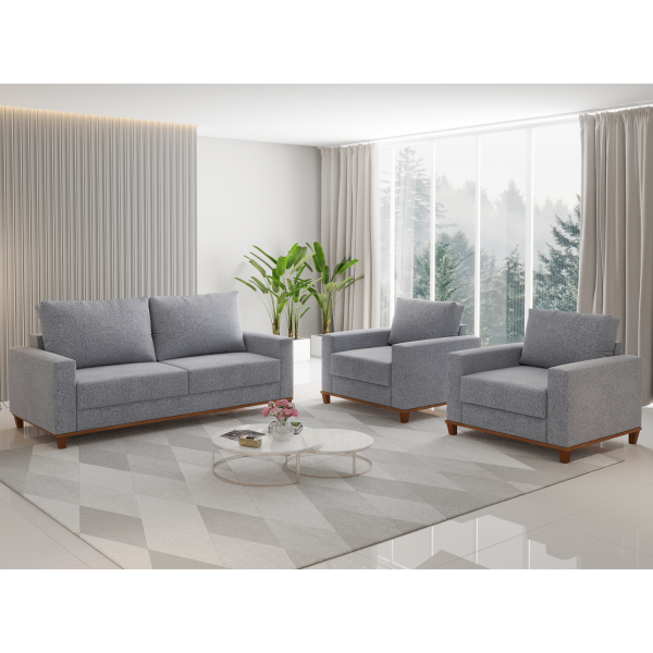 Conjunto Estofado Living 3 Lugares e 2 Poltronas Napoles Linho Inox - Casa Giulia