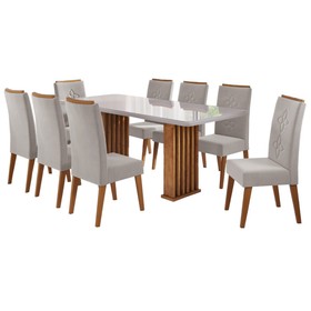 Conjunto Sala de Jantar Zuri Mesa 200x90cm Tampo com Vidro e 8 Cadeiras Flora Mel/Off White/Pastel - Casa Giulia