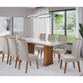 Conjunto Sala de Jantar Zuri Mesa 200x90cm Tampo com Vidro e 8 Cadeiras Flora Mel/Off White/Pastel - Casa Giulia