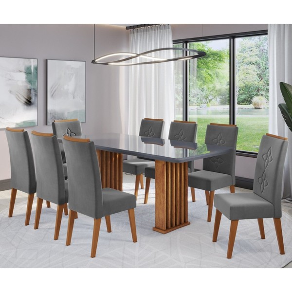 Conjunto Sala de Jantar Zuri Mesa 200x90cm Tampo com Vidro e 8 Cadeiras Flora Mel/Grafite/Cinza - Casa Giulia