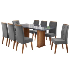 Conjunto Sala de Jantar Zuri Mesa 200x90cm Tampo com Vidro e 8 Cadeiras Flora Mel/Grafite/Cinza - Casa Giulia