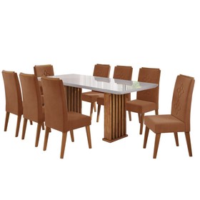 Conjunto Sala de Jantar Zuri Mesa 200x90cm Tampo com Vidro e 8 Cadeiras Flora Mel/Off White/Terracota - Casa Giulia