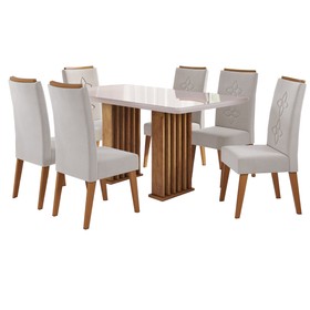 Conjunto Sala de Jantar Laurent 160x90cm Tampo com Vidro e 6 Cadeiras Flora Mel/Off White/Pastel - Casa Giulia
