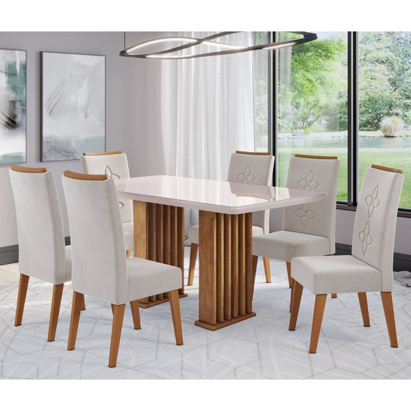Conjunto Sala de Jantar Laurent 160x90cm Tampo com Vidro e 6 Cadeiras Flora Mel/Off White/Pastel - Casa Giulia