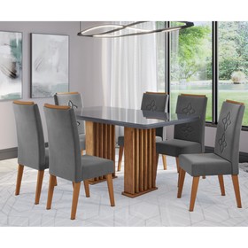 Conjunto Sala de Jantar Laurent 160x90cm Tampo com Vidro e 6 Cadeiras Flora Mel/Grafite/Cinza - Casa Giulia