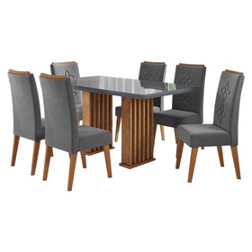 Conjunto Sala de Jantar Laurent 160x90cm Tampo com Vidro e 6 Cadeiras Flora Mel/Grafite/Cinza - Casa Giulia