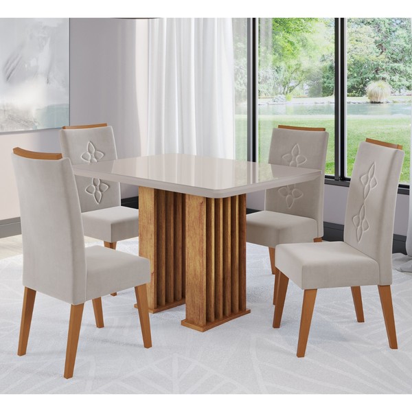 Conjunto Sala de Jantar Ophelia Mesa 120x90cm Tampo com Vidro e 4 Cadeiras Flora Mel/Off White/Pastel - Casa Giulia