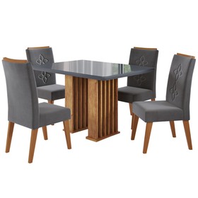 Conjunto Sala de Jantar Ophelia Mesa 120x90cm Tampo com Vidro e 4 Cadeiras Flora Mel/Grafite/Cinza- Casa Giulia