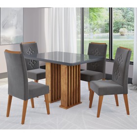 Conjunto Sala de Jantar Ophelia Mesa 120x90cm Tampo com Vidro e 4 Cadeiras Flora Mel/Grafite/Cinza- Casa Giulia