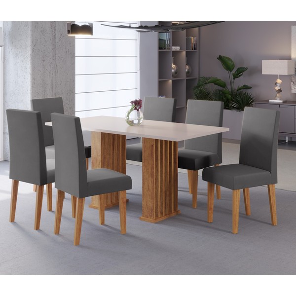 Conjunto Sala de Jantar Lucerna Mesa 160x80cm Tampo sem Vidro com 6 Cadeiras Venus Mel/Blonde/Cinza- Casa Giulia