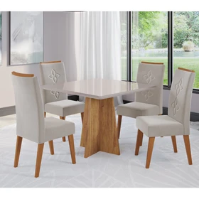 Conjunto Sala de Jantar Salvador Mesa 90x90cm Tampo com Vidro e 4 Cadeiras Flora Mel/Off White/Pastel - Casa Giulia