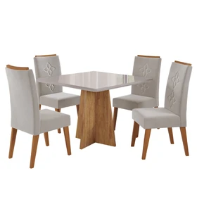 Conjunto Sala de Jantar Salvador Mesa 90x90cm Tampo com Vidro e 4 Cadeiras Flora Mel/Off White/Pastel - Casa Giulia