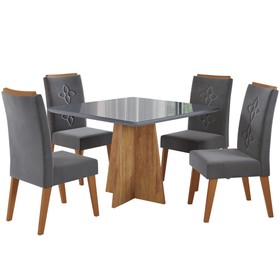 Conjunto Sala de Jantar Salvador Mesa 90x90cm Tampo com Vidro e 4 Cadeiras Flora Mel/Grafite/Cinza - Casa Giulia