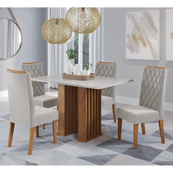 Conjunto Sala de Jantar Santorini Mesa 120x80cm sem Vidro e 4 Cadeiras Iza Mel/Blonde/Pastel - Casa Giulia