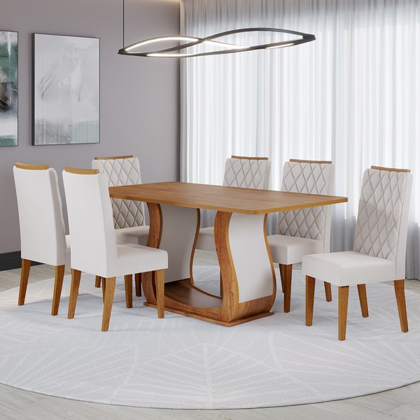 Conjunto Sala de Jantar Serenata Mesa 160x80cm e 6 Cadeiras Iza Mel/Bege - Casa Giulia