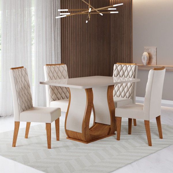 Conjunto Sala de Jantar Serenata Mesa 120x80cm e 4 Cadeiras Iza Mel/Off White/Bege - Casa Giulia