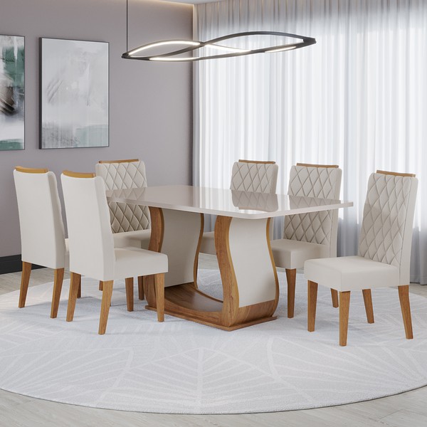Conjunto Sala de Jantar Serenata Mesa 160x80cm e 6 Cadeiras Iza Mel/Off White/Bege- Casa Giulia