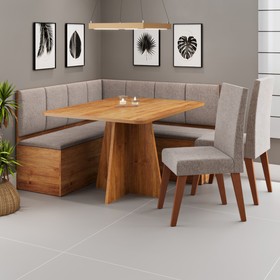 Conjunto Canto Alemão Baú Prestigio com Mesa 120x80cm e 2 Cadeiras Milao Mel/Linho Kaki- Casa Giulia