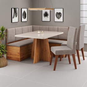 Conjunto Canto Alemao Baú Prestigio Mesa 120x80cm e 2 Cadeiras Milao Mel/Off White/Linho Kaki - Casa Giulia