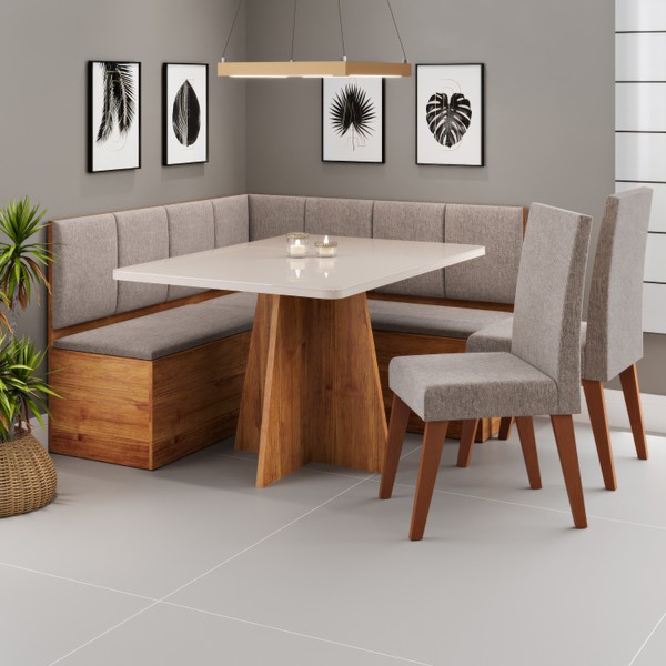 Conjunto Canto Alemao Baú Prestigio Mesa 120x80cm e 2 Cadeiras Milao Mel/Off White/Linho Kaki - Casa Giulia