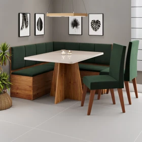 Conjunto Canto Alemão Baú Prestigio Mesa 120x80cm e 2 Cadeiras Milão Mel/Off White/Veludo Oliva- Casa Giulia