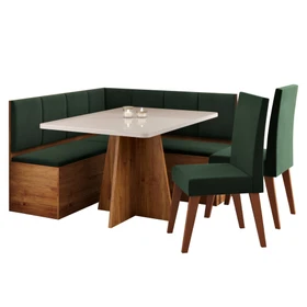 Conjunto Canto Alemão Baú Prestigio Mesa 120x80cm e 2 Cadeiras Milão Mel/Off White/Veludo Oliva- Casa Giulia