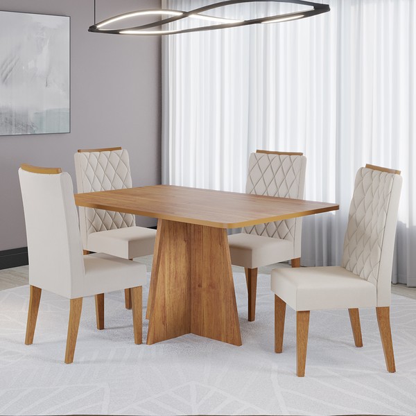 Conjunto Sala de Jantar Talento Mesa 120x80cm e 4 Cadeiras Iza Mel/Bege - Casa Giulia