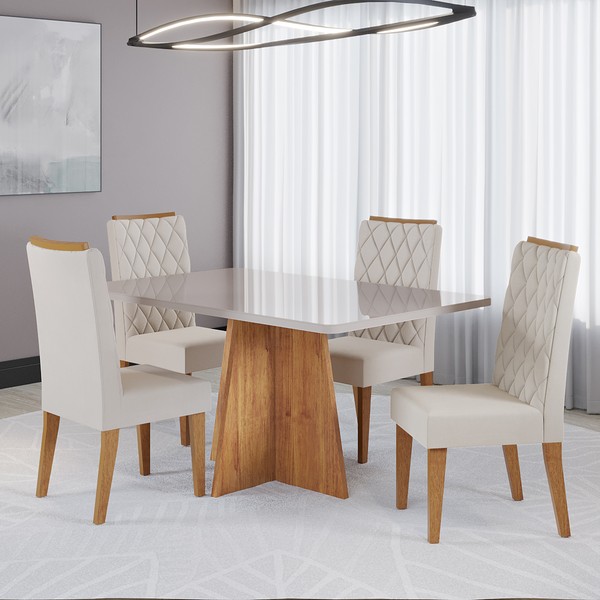 Conjunto Sala de Jantar Talento Mesa 120x80cm e 4 Cadeiras Iza Mel/Off White/Bege  - Casa Giulia