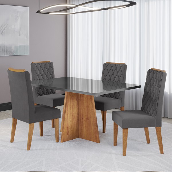 Conjunto Sala de Jantar Talento Mesa 120x80cm e 4 Cadeiras Iza Mel/Cinza/Grafite - Casa Giulia