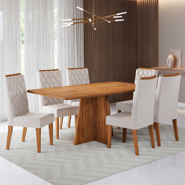 Conjunto Sala de Jantar Talento Mesa 160x80cm e 6 Cadeiras Iza Mel/Bege - Casa Giulia
