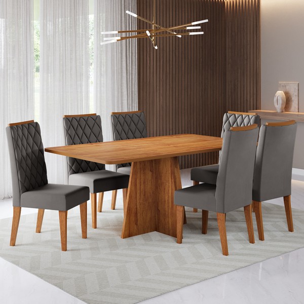 Conjunto Sala de Jantar Talento Mesa 160x80cm e 6 Cadeiras Iza Mel/Cinza - Casa Giulia