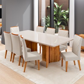 Conjunto Sala de Jantar 8 Lugares Retangular Tampo de Vidro/Mdf Maisa Mel/Off/Bege- Casa Giulia
