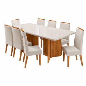 Conjunto Sala de Jantar 8 Lugares Retangular Tampo de Vidro/Mdf Maisa Mel/Off/Bege- Casa Giulia