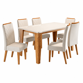 Conjunto Sala de Jantar 6 Lugares Retangular Tampo de Vidro/Mdf Olinda Mel/Off/Bege - Casa Giulia