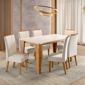 Conjunto Sala de Jantar 6 Lugares Retangular Tampo de Vidro/Mdf Olinda Mel/Off/Bege - Casa Giulia