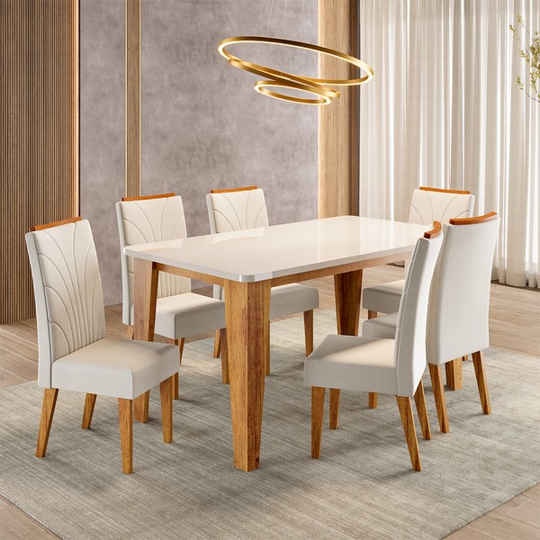 Conjunto Sala de Jantar 6 Lugares Retangular Tampo de Vidro/Mdf Olinda Mel/Off/Bege - Casa Giulia